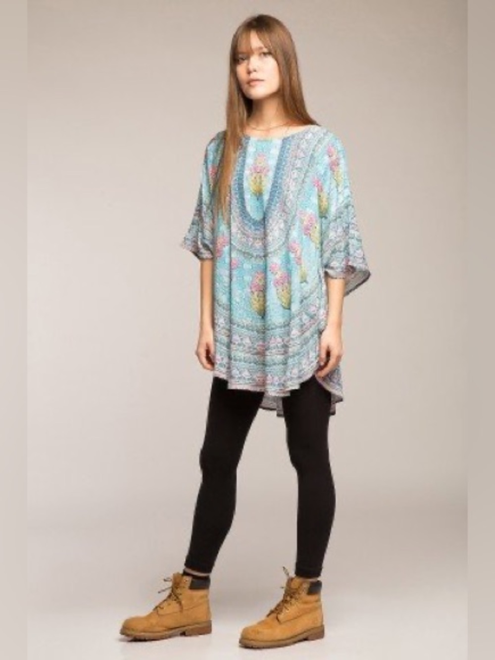 Tolani Teal Floral Kaftan Tunic Top Size Large boho festival modal lightweight